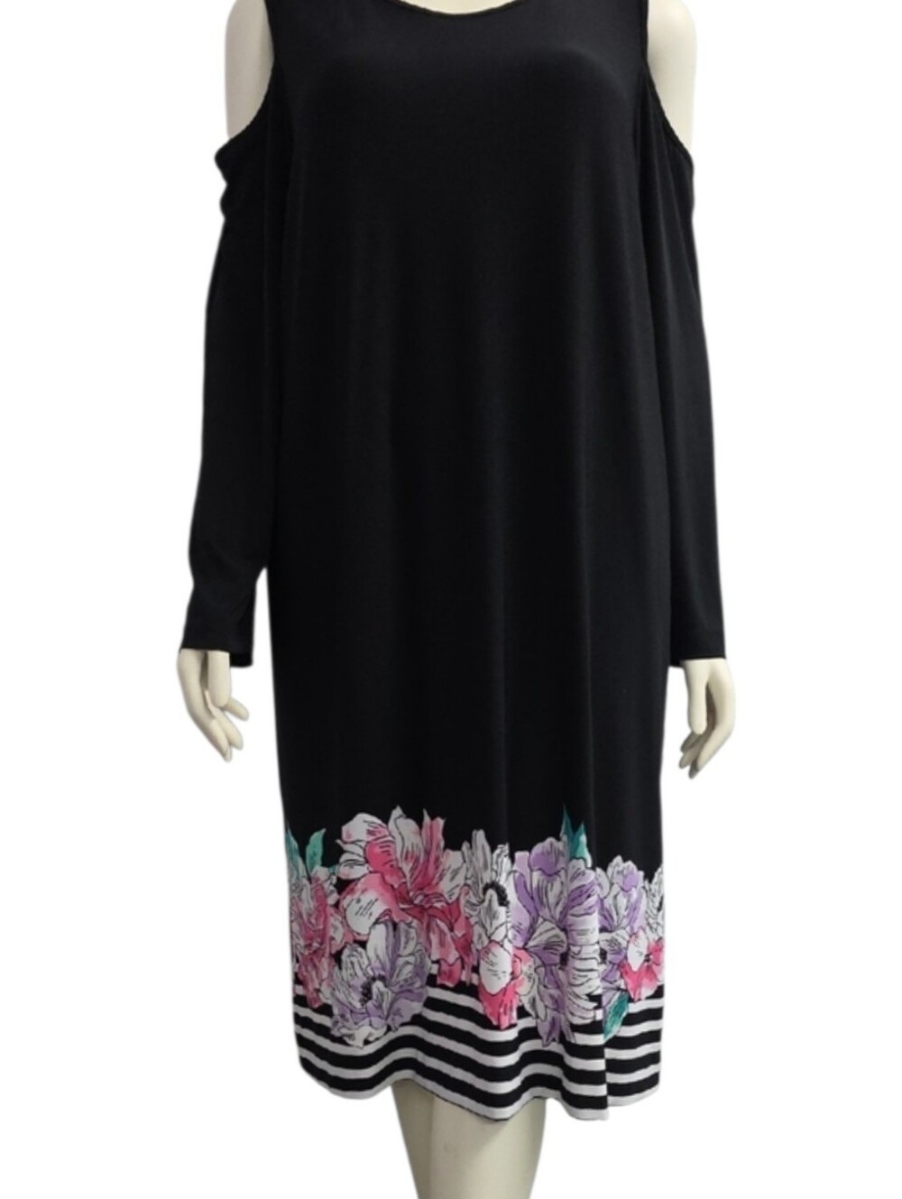 Jessica London Black Knit Stretch Cold Shoulder  Floral Maxi Dress